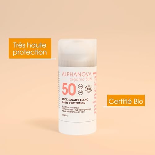 ALPHANOVA Stick solaire visage SPF50+ blanc - Surfeurs et sportifs - Écologique et BIO - Écran minéral 15g | COSMOS Orga
