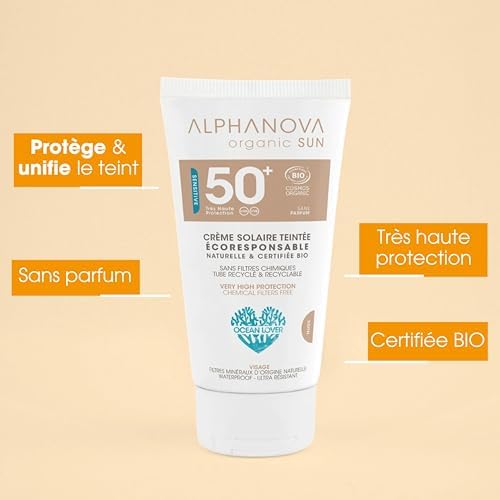 ALPHANOVA SANTE Crème Solaire Teintée Nude SPF50+ Hypoallergénique - Naturelle et Certifiée Bio - 50g Cosmétique Solaire
