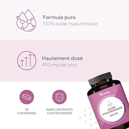 Acide Hyaluronique Pur Vegan - Anti-Âge & Hydration 400 mg - Haute Absorption 30 Comprimés - Fabriqué en France - Vitave
