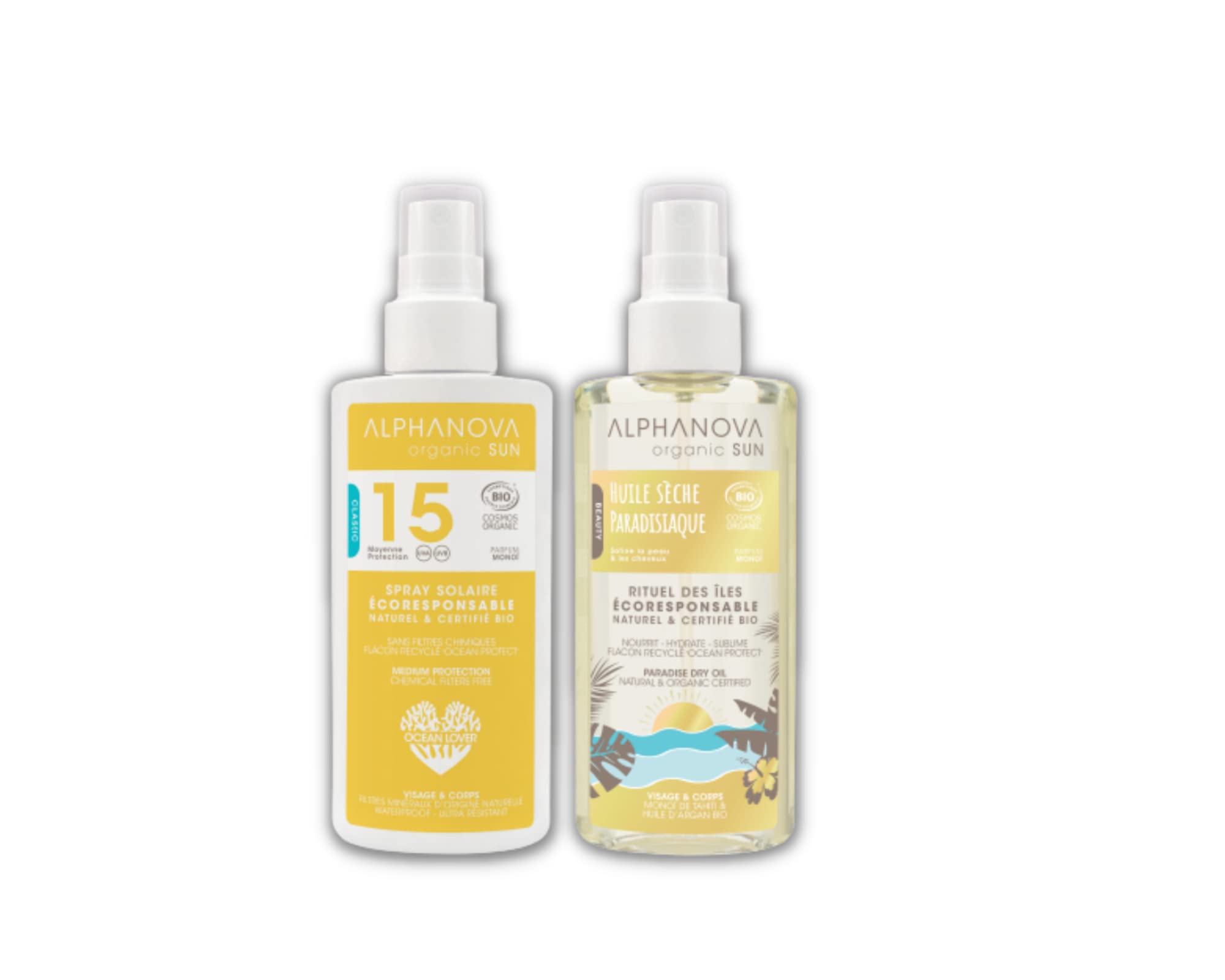 Alphanova Sun Adultes Lait Solaire Moyenne Protection SPF15 125g + Huile Sèche Paradisiaque 125ml Protection Solaire Eff