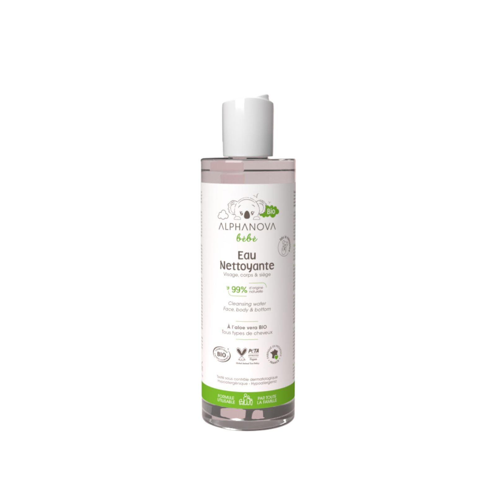 Nettoyant facial pour bébé bio à l'aloe vera Alphanova Bébé - 200 ml  
Hydratant et doux nettoyant pour bébé bio à l'alo
