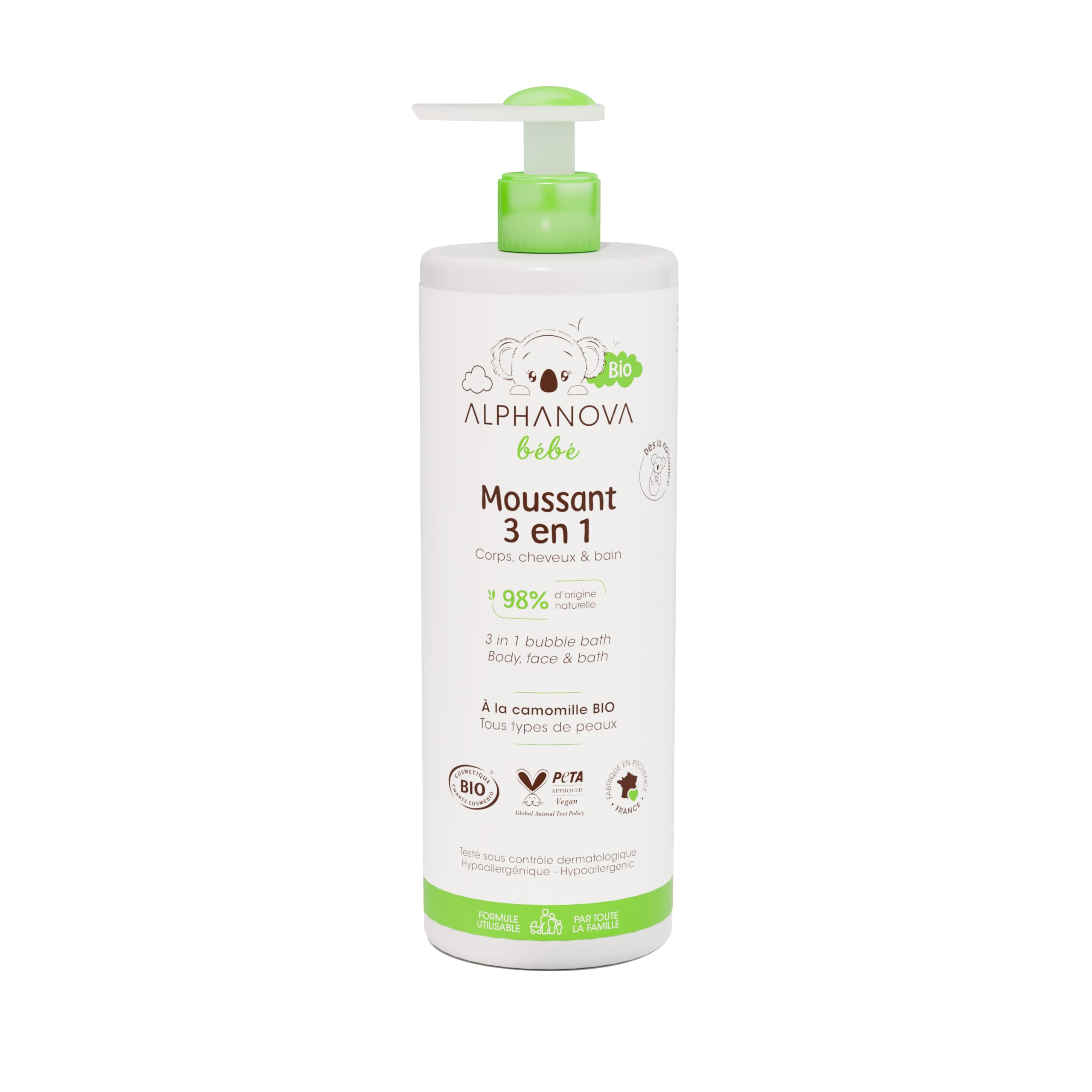 Gel moussant 3 en 1 pour bébé à la camomille bio d'Alphanova – Corps, cheveux et bain – 400ml – Peaux sensibles