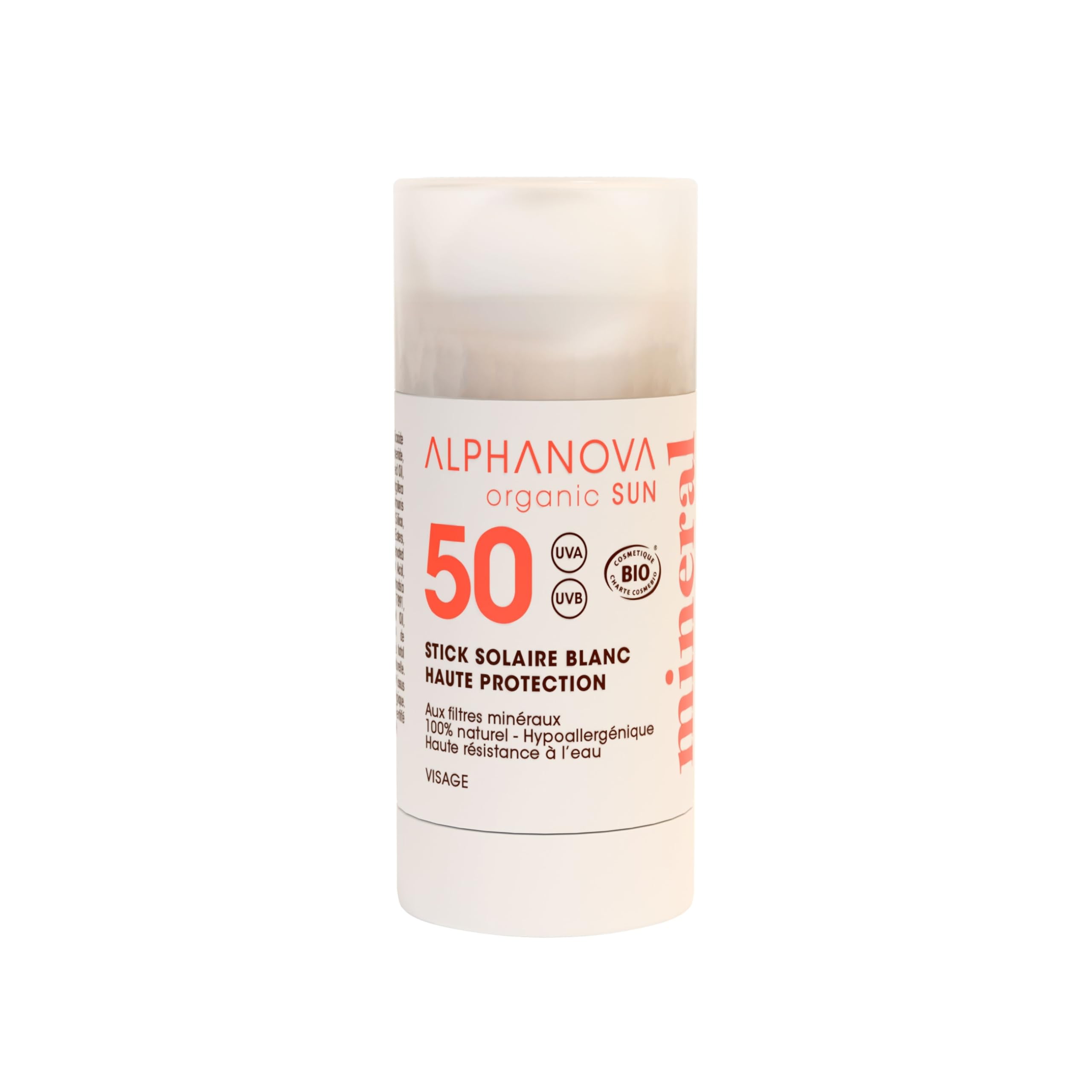 ALPHANOVA Stick solaire visage SPF50+ blanc - Surfeurs et sportifs - Écologique et BIO - Écran minéral 15g | COSMOS Orga
