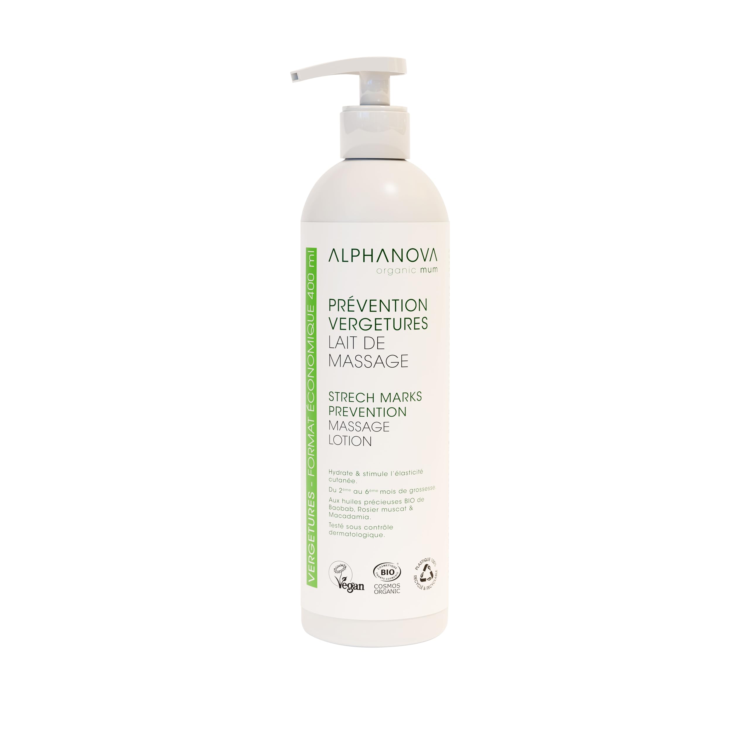 ALPHANOVA SANTE Lait de massage prévention des vergetures BIO* ORGANIC MUM 400ml COSMOS Organic par Ecocert | Anti-verge